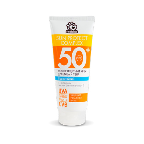 Водостойкий солнцезащитный крем для лица и тела SolBianca SPF-50 с пантенолом маслом Ши и витамином Е 200 мл