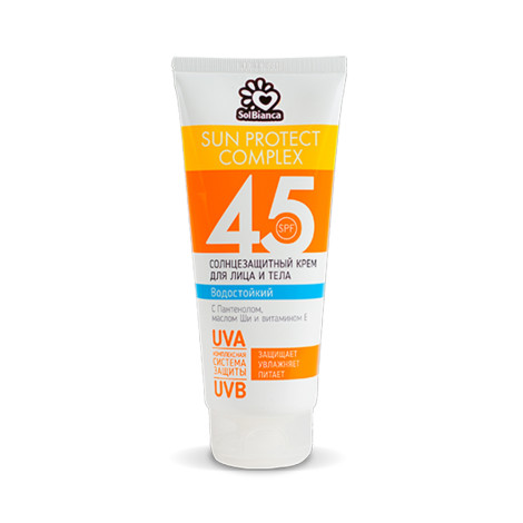 Водостойкий солнцезащитный крем для лица и тела SolBianca SPF-45 с пантенолом маслом Ши и витамином Е 200 мл