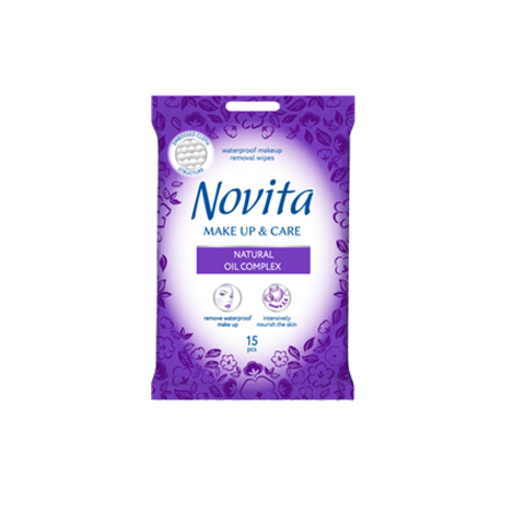 Вологі серветки для зняття стійкого макіяжу Novita Make up & Care з комплексом натуральних масел 15 шт